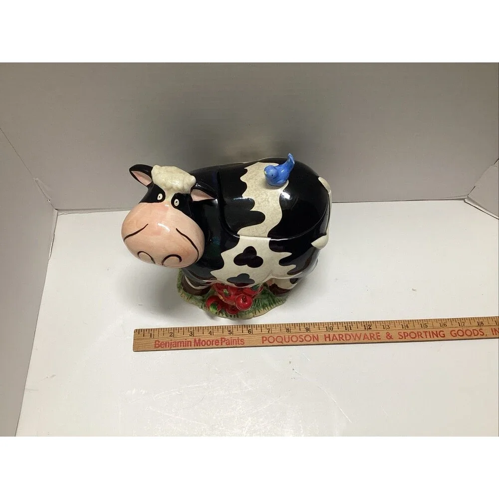 vintage GKRO ceramic cow cookie jar blue bird apples